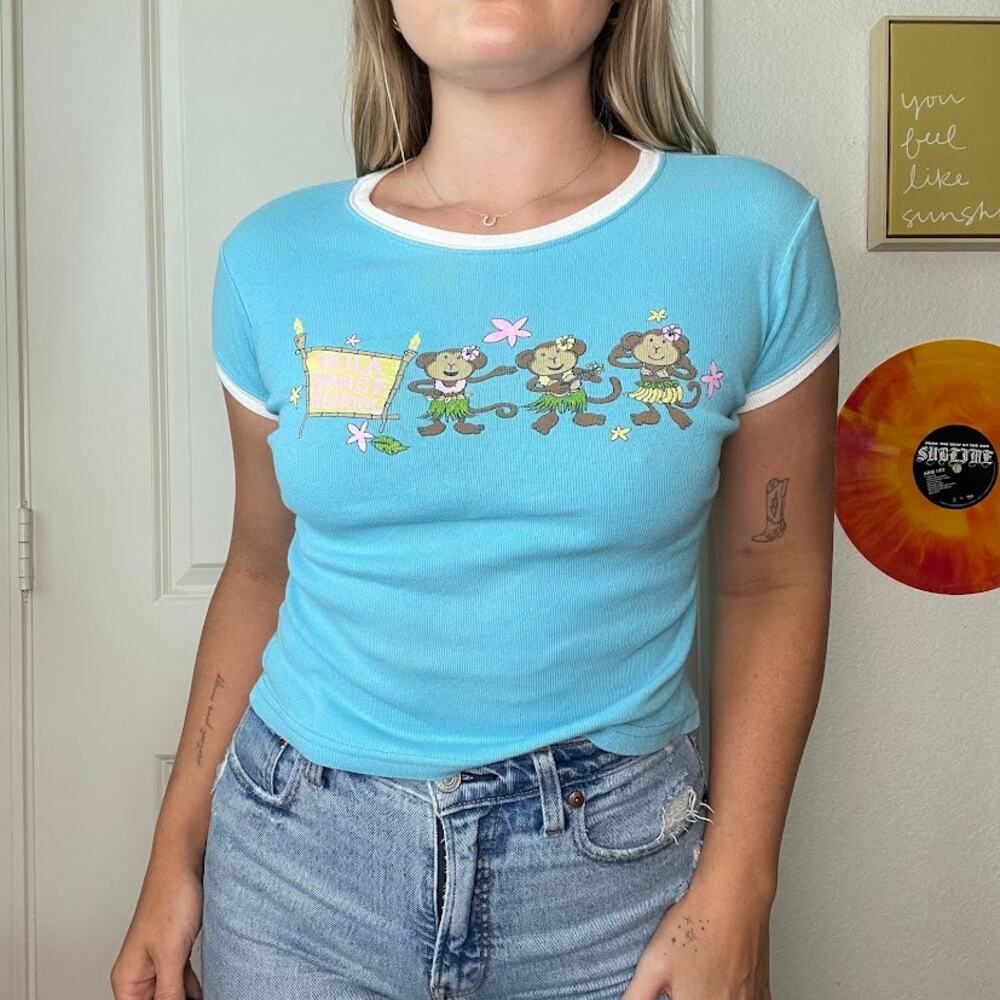 Vintage Y2K 2000s Ross Sportwear Hula Girl Monkey Graphic Baby T Sz S